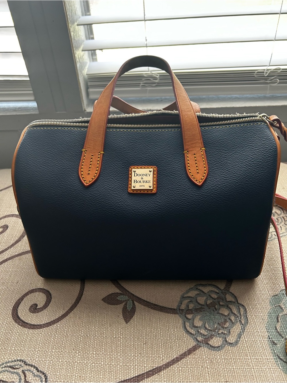 Dooney & Bourke Navy Leather Satchel with Tan Trim and Handles